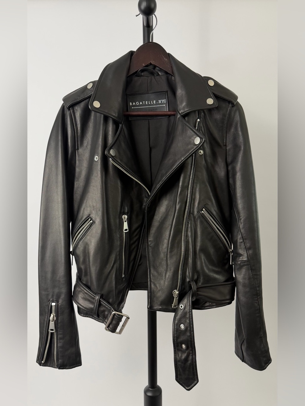 Bagatelle Black Genuine Leather Moto Jacket with Belt